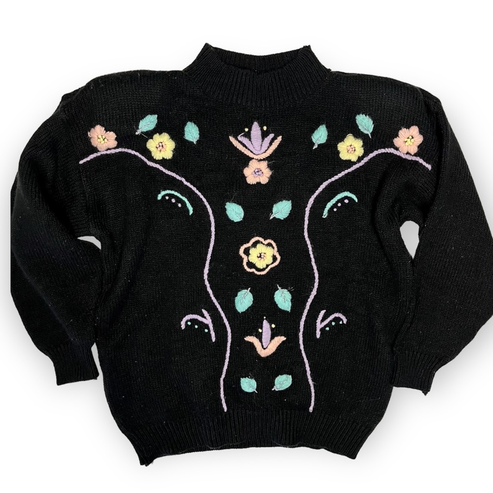 Vintage 80s Black Sweater Pastel Rainbow Floral Yarn Design Size Medium